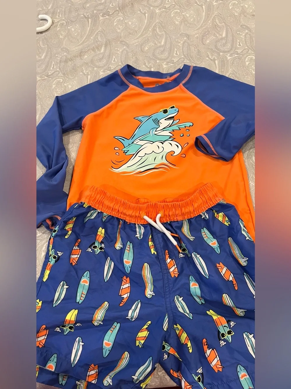 Kids Orange & Blue Shark Rash Guard Set Size 7 boys